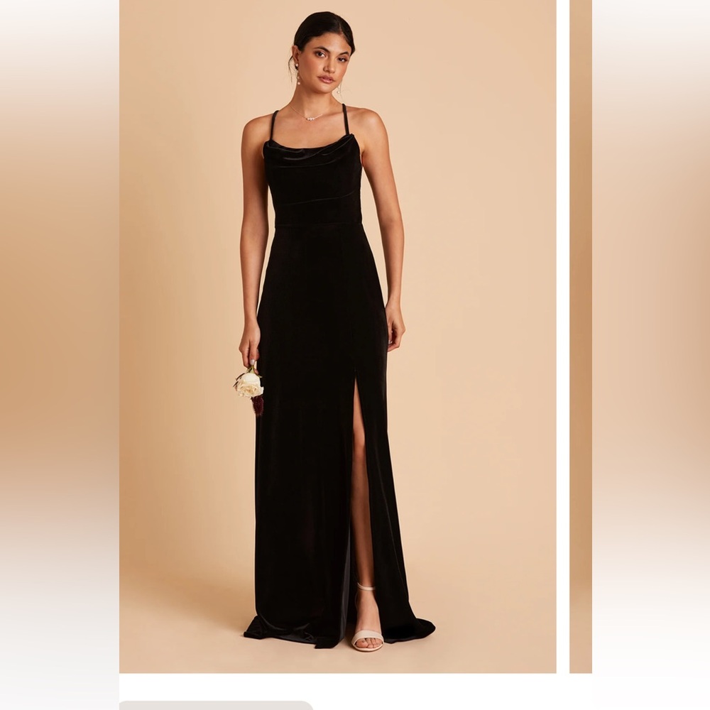 Birdy Grey Ash bridesmaid dress. Black Velvet Evening Gown with Front Slit
